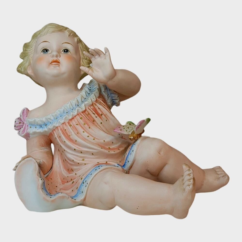 Vtg Old Bisque Porcelain Piano Baby Girl Butterfly 8 Inches Tall 7 Inches Wide